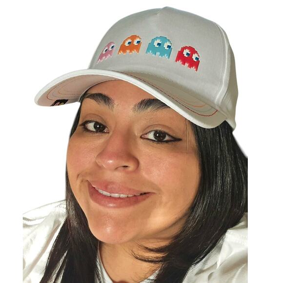 Pacman Ghosts White Pink Baseball Hat Pac Man Justice Collab OSFM Snapback - Picture 7 of 7